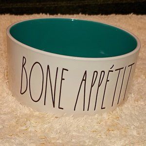 RAE DUNN Bone Appetit White/Teal Ceramic Medium Round Dog Food Water Bowl Dish